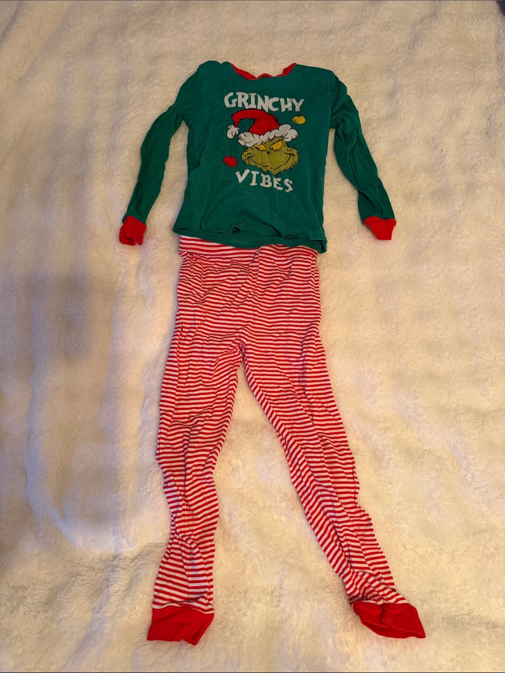 Grinchy Vibes Kids Holiday Pajama Set - Green Top with Red & White Striped Pants